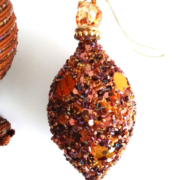 2 Vintage Beaded Christmas Ornament Sequins Beads Dangle Tassel Brown sparkle - Picture 3 of 6